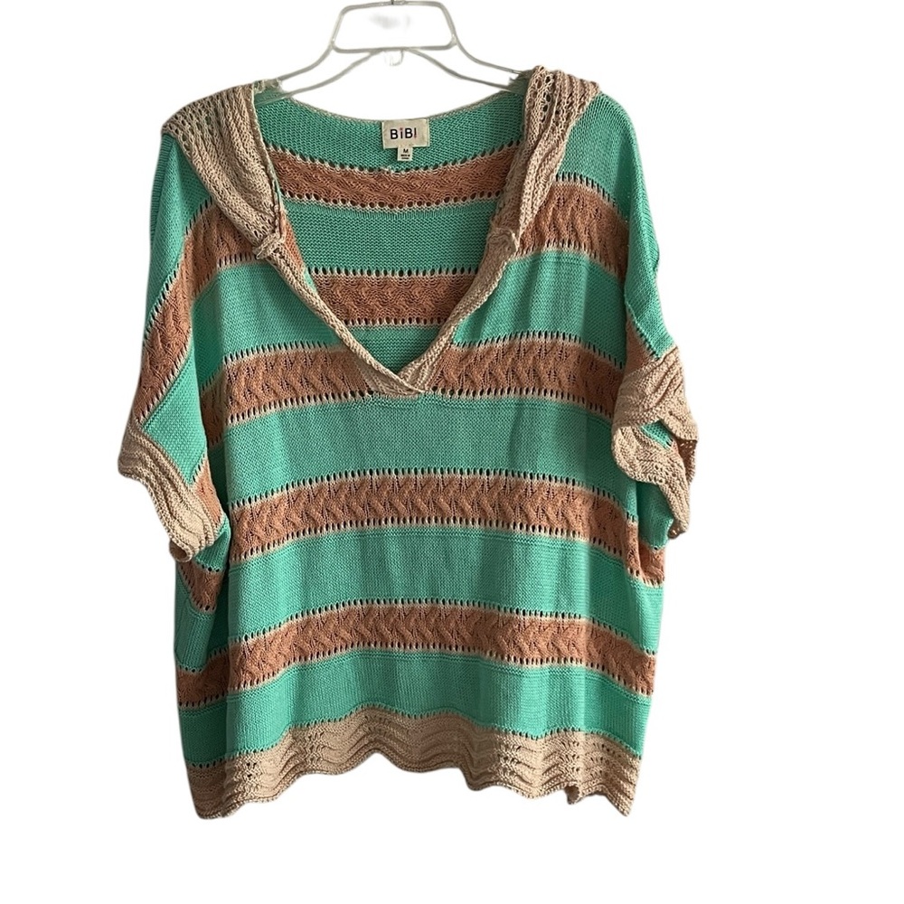 BiBi Green and Tan Striped Crochet Knit Top Size Medium - Picture 4 of 10